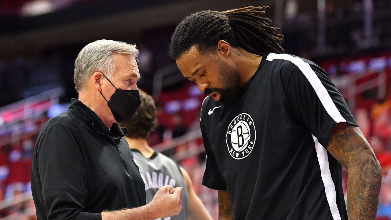 HOUSTON, TX - MARCH 3: Assistant Coach Mike DAntoni of the Brooklyn Nets talks to DeAndre Jordan #6 of the Brooklyn Nets before the game against the Houston Rockets on March 3, 2021 at the Toyota Center in Houston, Texas. Mandatory Copyright Notice: Copyright 2021 NBAE