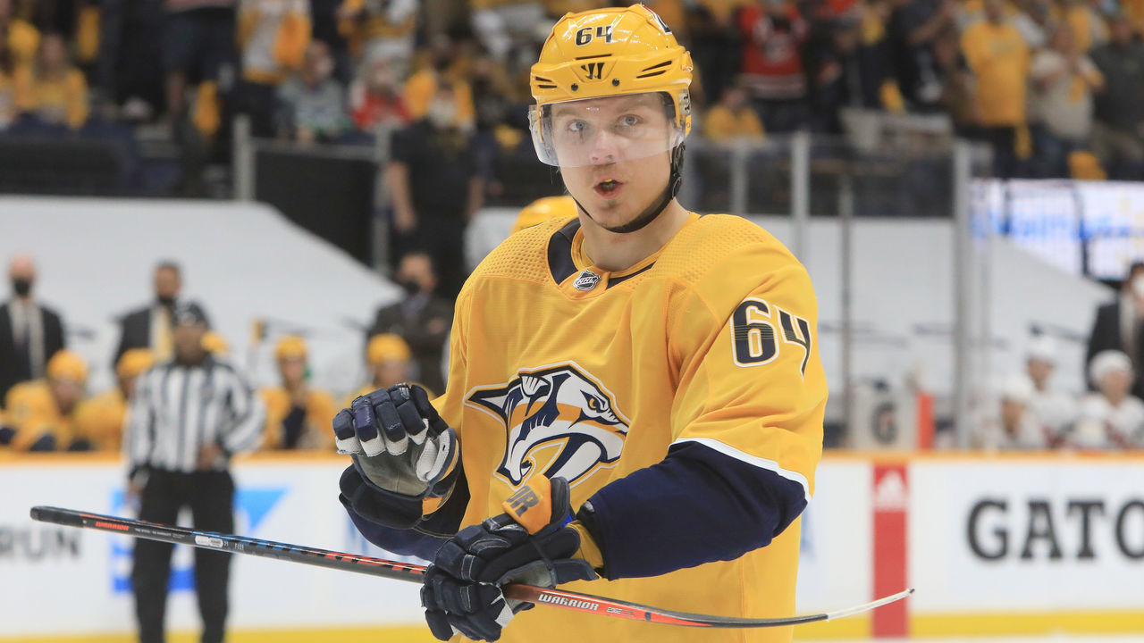 NASHVILLE, TN - MAY 23: Nashville Predators right wing Mikael Granlund (64), of Finland, is shown during Game 4 of the first round of the Stanley Cup Playoffs between the Nashville Predators and Carolina Hurricanes, held on May 23, 2021, at Bridgestone Arena in Nashville, Tennessee.