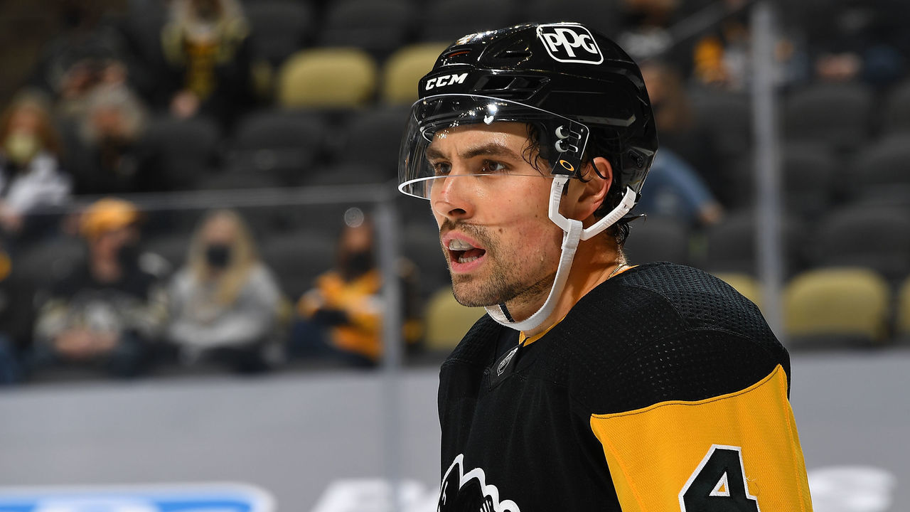 PITTSBURGH, PA - APRIL 27: Cody Ceci #4 of the Pittsburgh Penguins skates against the Boston Bruins at PPG PAINTS Arena on April 27, 2021 in Pittsburgh, Pennsylvania.