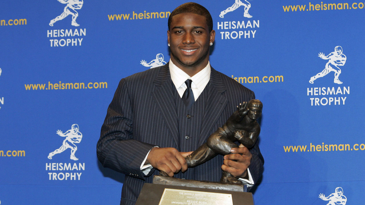 Reggie Bush, University of Southern California tailback holds the Heisman Trophy during the 2005 Heisman Trophy presentation at the Hard Rock Cafe in New York City, New York on December 10, 2005. Bush received 2,541 points in the ballot.