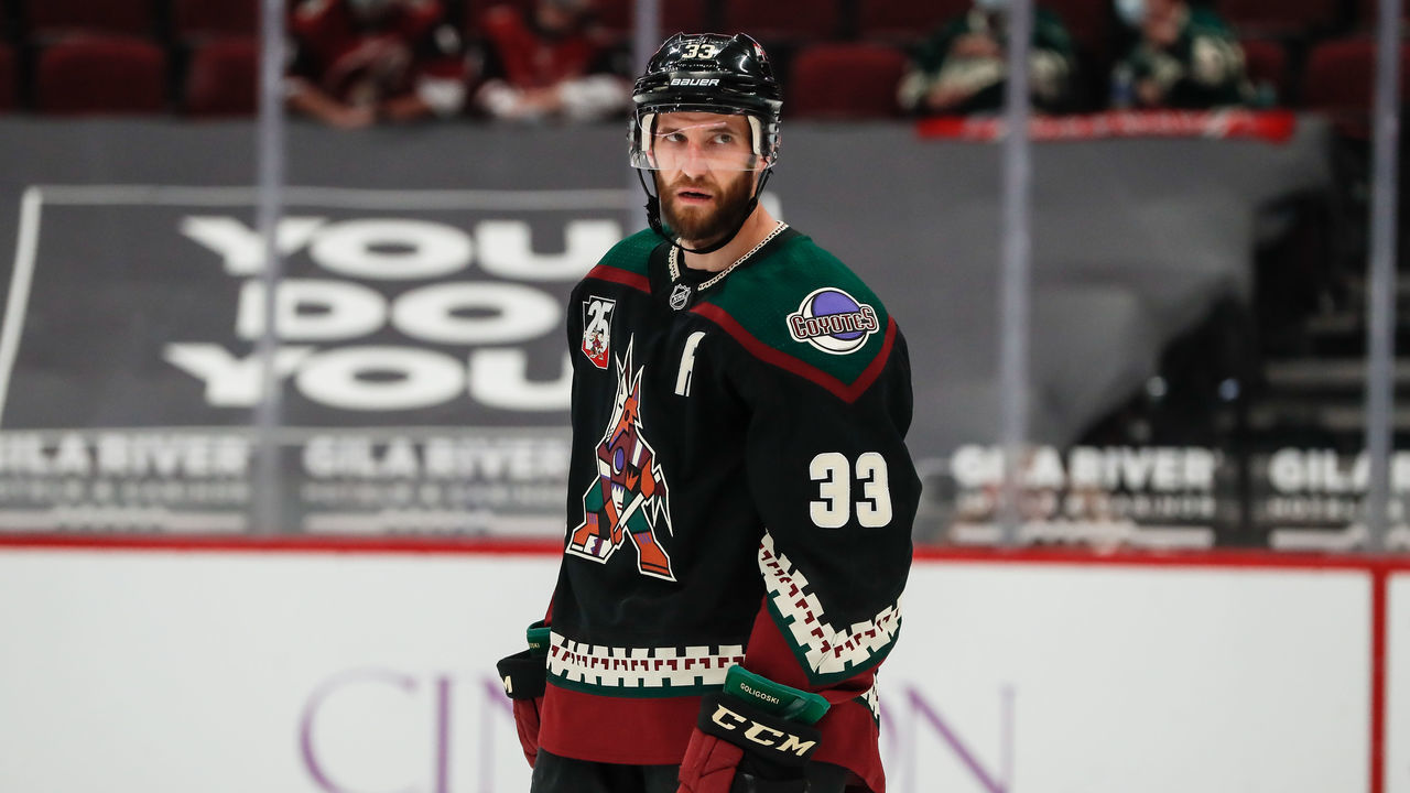 GLENDALE, AZ - APRIL 19: Arizona Coyotes defenseman Alex Goligoski (33) looks on during the NHL hockey game between the Minnesota Wild and the Arizona Coyotes on April 19, 2021 at Gila River Arena in Glendale, Arizona.