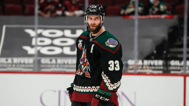 GLENDALE, AZ - APRIL 19: Arizona Coyotes defenseman Alex Goligoski (33) looks on during the NHL hockey game between the Minnesota Wild and the Arizona Coyotes on April 19, 2021 at Gila River Arena in Glendale, Arizona.