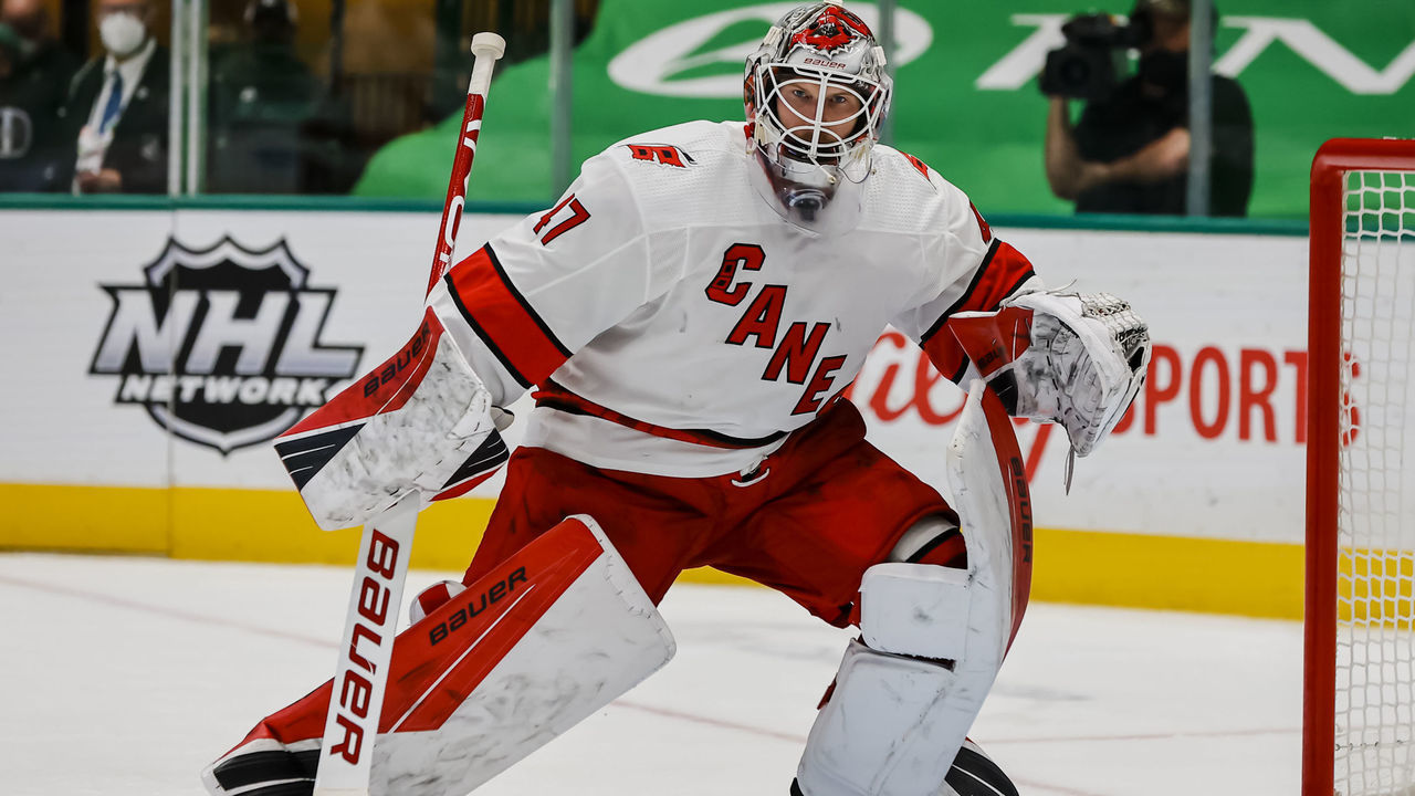 DALLAS, TX - APRIL 26: Carolina Hurricanes goaltender James Reimer (47) looks for the puck during the game between the Dallas Stars and the Carolina Hurricanes on April 26, 2021 at the American Airlines Center in Dallas, Texas.