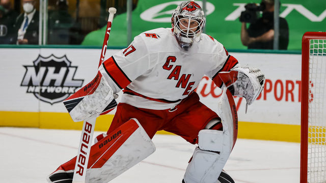DALLAS, TX - APRIL 26: Carolina Hurricanes goaltender James Reimer (47) looks for the puck during the game between the Dallas Stars and the Carolina Hurricanes on April 26, 2021 at the American Airlines Center in Dallas, Texas.