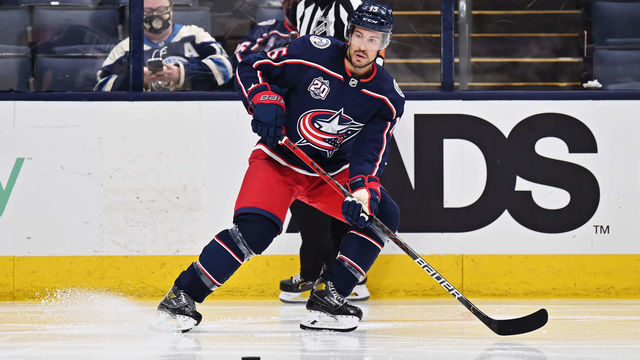 COLUMBUS, OH - MAY 3: Michael Del Zotto #15 of the Columbus Blue Jackets skates against the Nashville Predators at Nationwide Arena on May 3, 2021 in Columbus, Ohio.