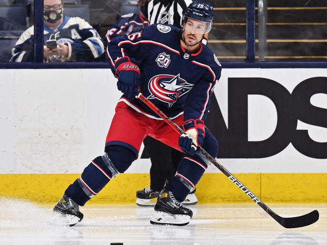COLUMBUS, OH - MAY 3: Michael Del Zotto #15 of the Columbus Blue Jackets skates against the Nashville Predators at Nationwide Arena on May 3, 2021 in Columbus, Ohio.