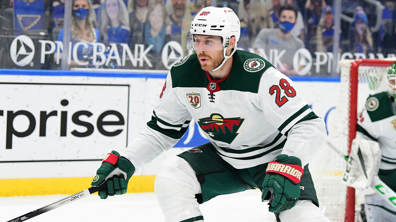 ST. LOUIS, MO - MAY 13:Minnesota Wild defenseman Ian Cole (28) during a NHL game between the Minnesota Wild and the St. Louis Blues on May 13, 2021, at Enterprise Center, St. Louis, Mo. ,
