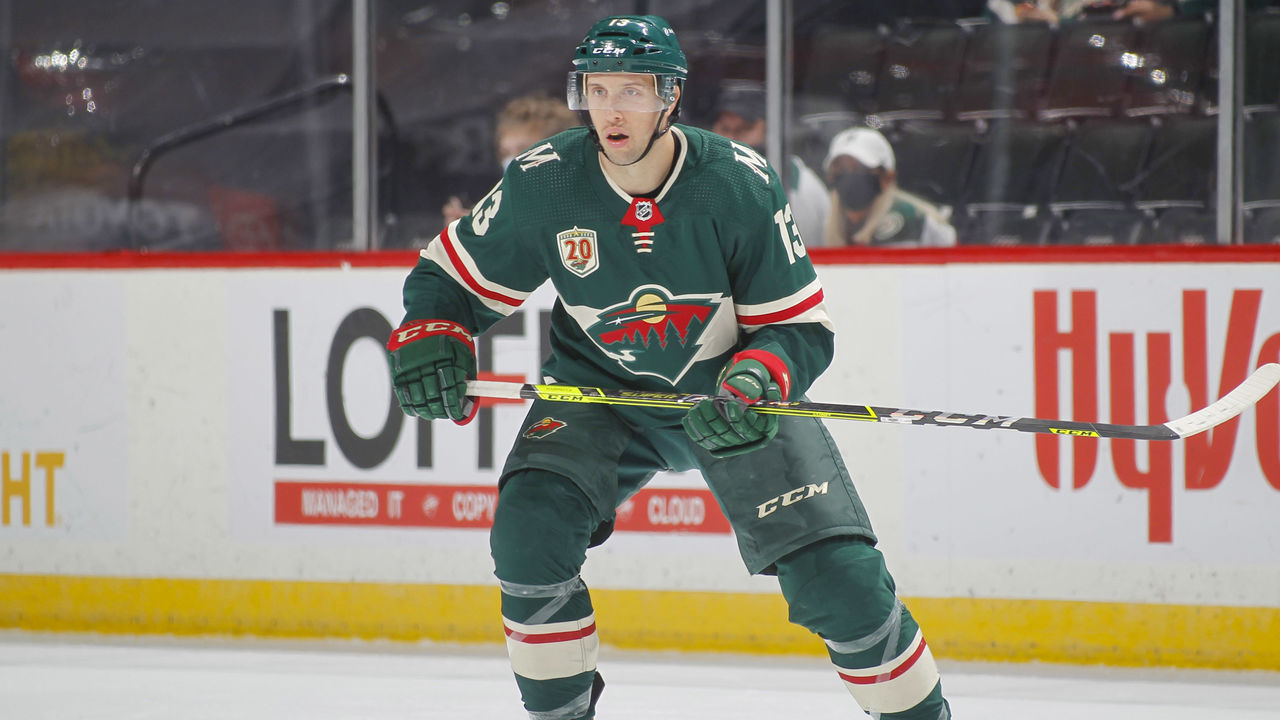 SAINT PAUL, MN - MAY 7: Nick Bonino #13 of the Minnesota Wild skates against the Anaheim Ducks during the game at the Xcel Energy Center on May 7, 2021 in Saint Paul, Minnesota.