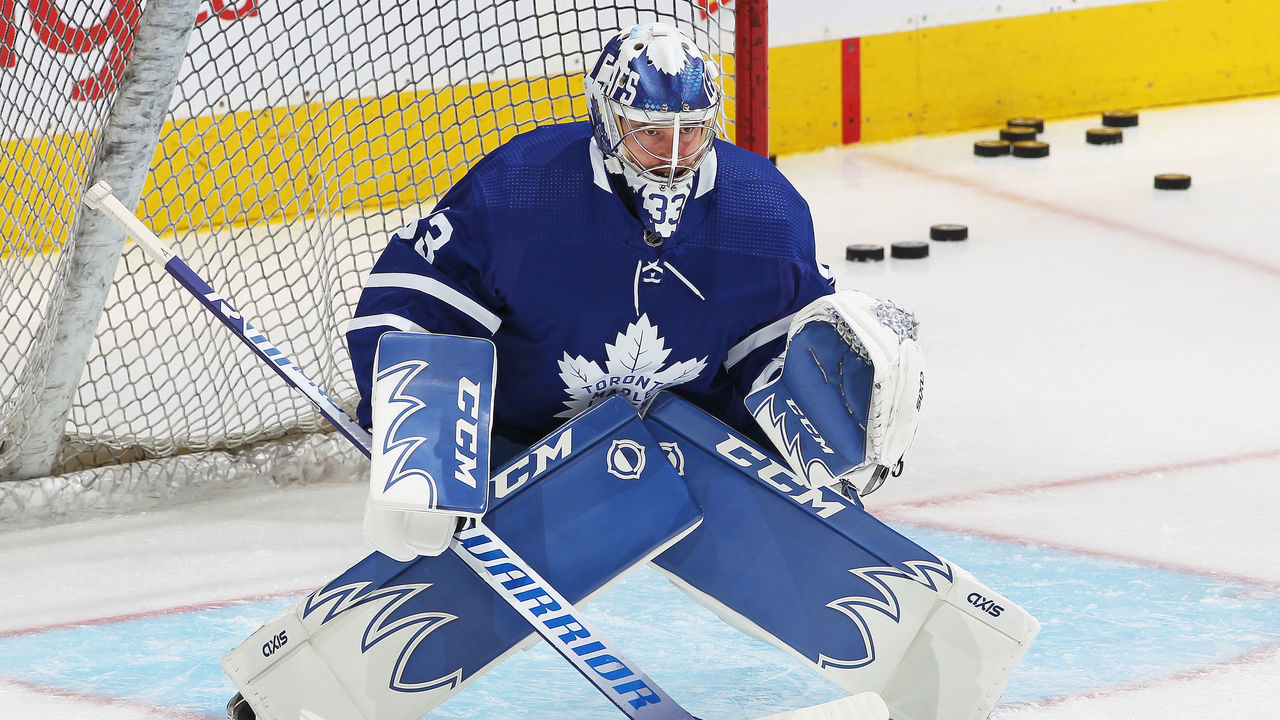 TORONTO, ON - MAY 6: David Rittich #33 of the Toronto Maple Leafs faces shots during the warm-up prior to action against the Montreal Canadiens in an NHL game at Scotiabank Arena on May 6, 2021 in Toronto, Ontario, Canada. The Maple Leafs defeated the Canadiens 5-2.