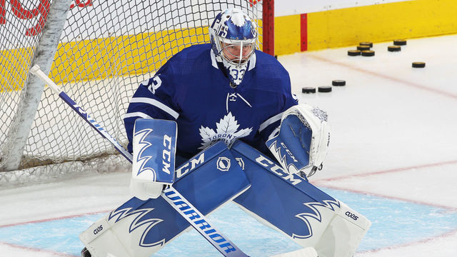 TORONTO, ON - MAY 6: David Rittich #33 of the Toronto Maple Leafs faces shots during the warm-up prior to action against the Montreal Canadiens in an NHL game at Scotiabank Arena on May 6, 2021 in Toronto, Ontario, Canada. The Maple Leafs defeated the Canadiens 5-2.