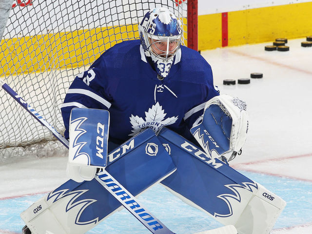 TORONTO, ON - MAY 6: David Rittich #33 of the Toronto Maple Leafs faces shots during the warm-up prior to action against the Montreal Canadiens in an NHL game at Scotiabank Arena on May 6, 2021 in Toronto, Ontario, Canada. The Maple Leafs defeated the Canadiens 5-2.