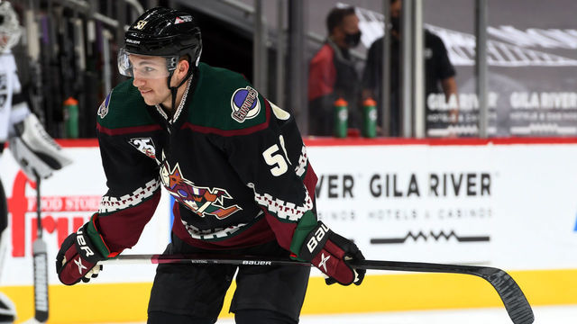 GLENDALE, ARIZONA - MAY 05: Michael Bunting #58 of the Arizona Coyotes prepares for a game against the Los Angeles Kings at Gila River Arena on May 05, 2021 in Glendale, Arizona.