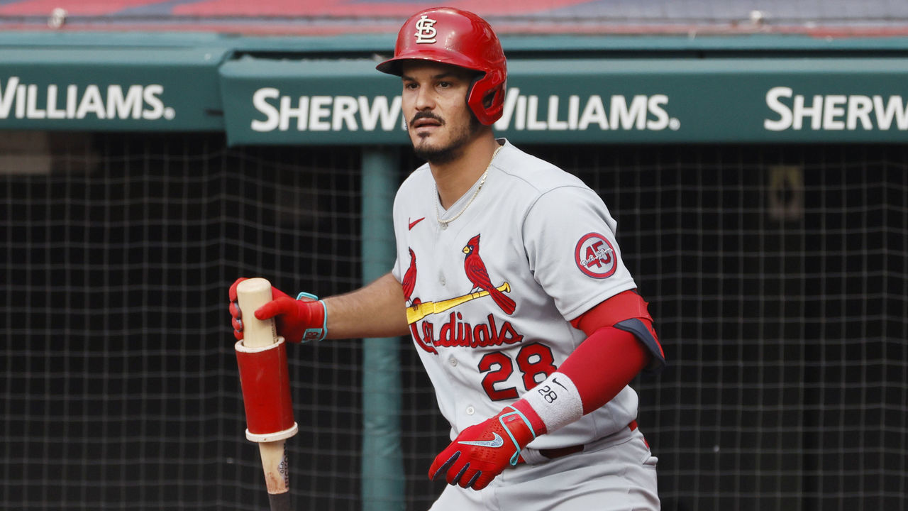 CLEVELAND, OH - JULY 27: Nolan Arenado #28 of the St. Louis Cardinals waits to bat against the Cleveland Indians during the first inning at Progressive Field on July 27, 2021 in Cleveland, Ohio.