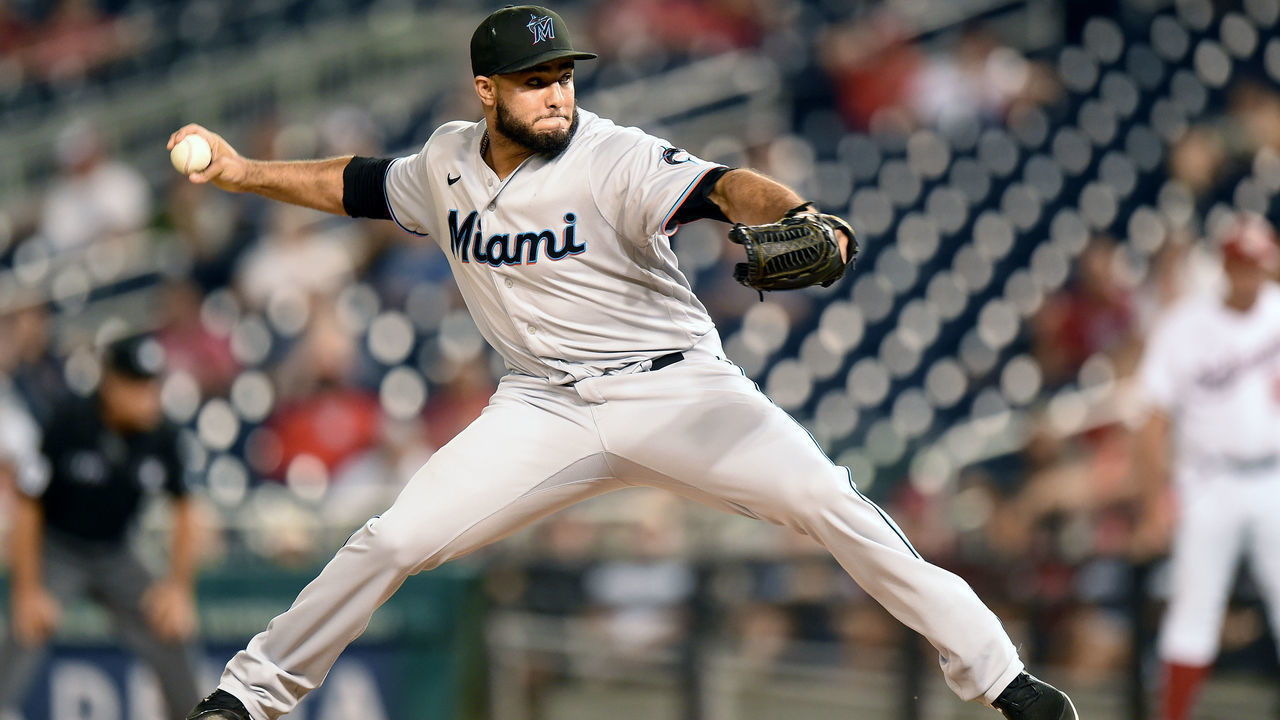 WASHINGTON, DC - JULY 21: Yimi Garcia #93 of the Miami Marlins pitches against the Washington Nationals at Nationals Park on July 21, 2021 in Washington, DC.