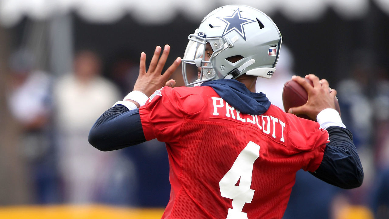 OXNARD, CA - JULY 24: Quarterback Dak Prescott #4 of the Dallas Cowboys throws a pass during training camp at River Ridge Complex on July 24, 2021 in Oxnard, California.