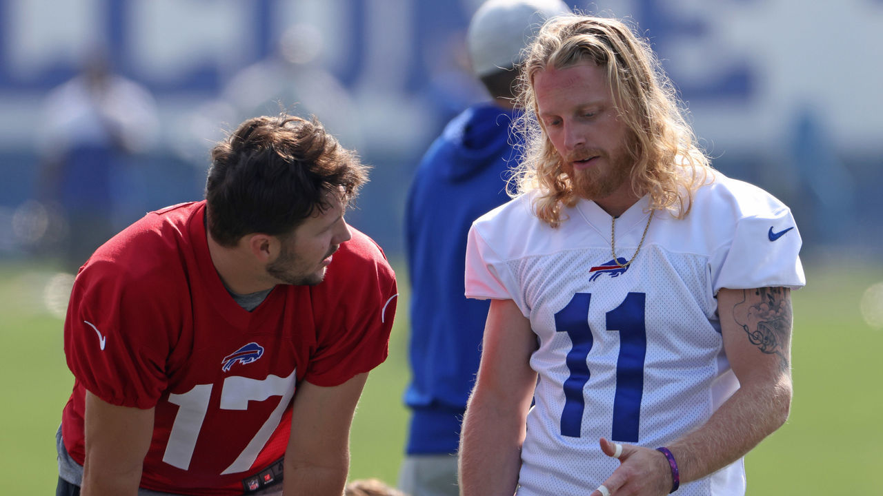 ORCHARD PARK, NY - JULY 28: Josh Allen #17 of the Buffalo Bills and Cole Beasley #11 of the Buffalo Bills talk during training camp at the Adpro Sports Training Center on July 28, 2021 in Orchard Park, New York.
