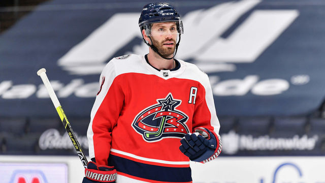 COLUMBUS, OH - APRIL 6: Boone Jenner #38 of the Columbus Blue Jackets skates against the Tampa Bay Lightning at Nationwide Arena on April 6, 2021 in Columbus, Ohio.