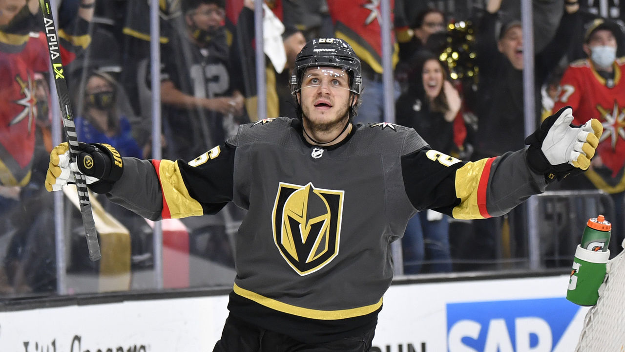 LAS VEGAS, NEVADA - MAY 28: Mattias Janmark #26 of the Vegas Golden Knights celebrates after scoring a goal during the third period against the Minnesota Wild in Game Seven of the First Round of the 2021 Stanley Cup Playoffs at T-Mobile Arena on May 28, 2021 in Las Vegas, Nevada.