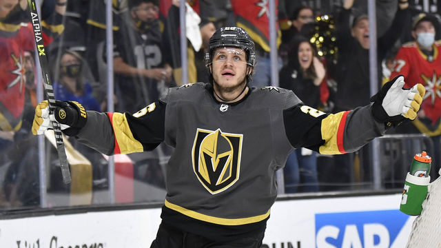 LAS VEGAS, NEVADA - MAY 28: Mattias Janmark #26 of the Vegas Golden Knights celebrates after scoring a goal during the third period against the Minnesota Wild in Game Seven of the First Round of the 2021 Stanley Cup Playoffs at T-Mobile Arena on May 28, 2021 in Las Vegas, Nevada.