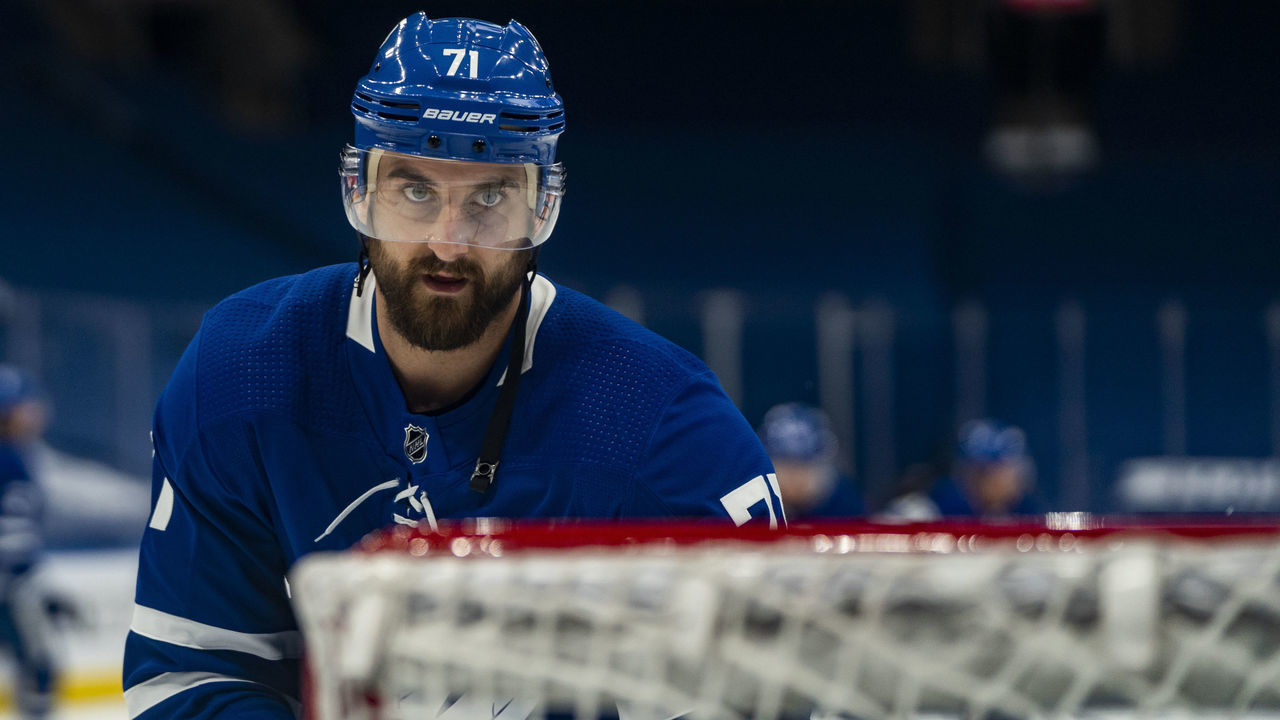 TORONTO, ON - MAY 22: Nick Foligno #71 of the Toronto Maple Leafs warms up before facing the Montreal Canadiens in Game Two of the First Round of the 2021 Stanley Cup Playoffs at the Scotiabank Arena on May 22, 2021 in Toronto, Ontario, Canada.