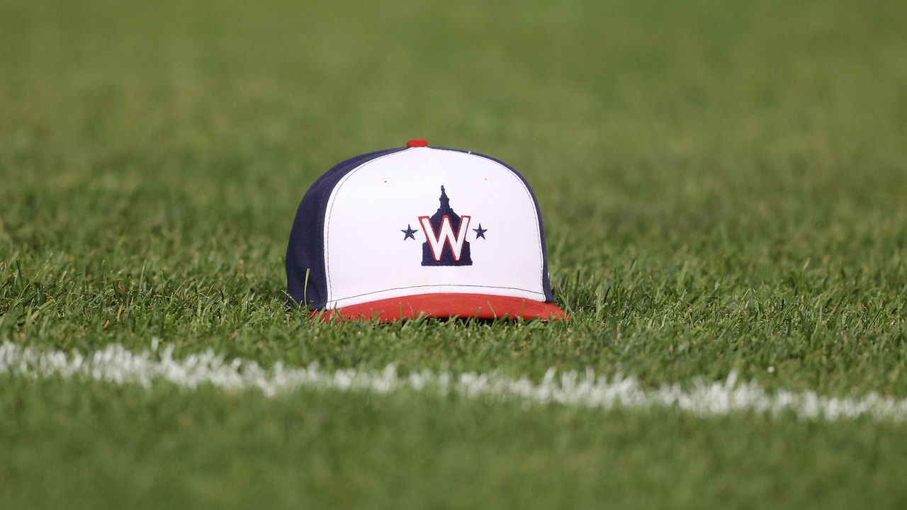 WASHINGTON, DC - MAY 05: A detail of a Washington Nationals hat is seen at Nationals Park on May 5, 2021 in Washington, DC.