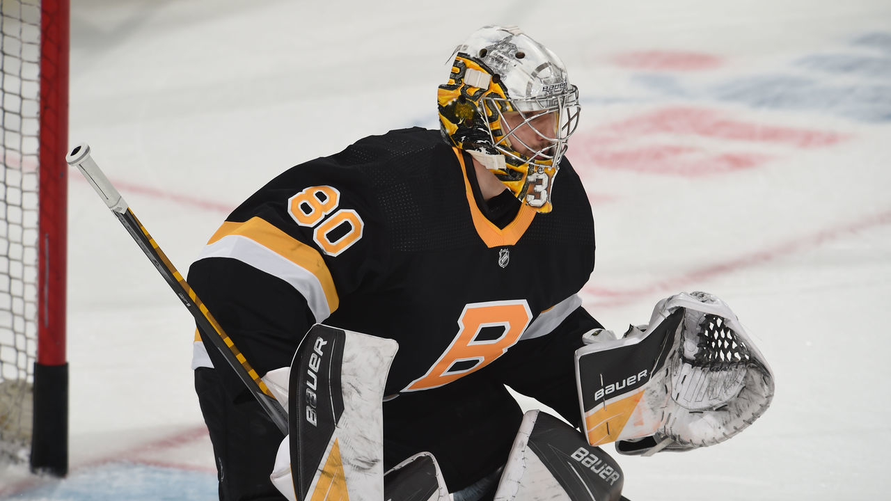 BOSTON, MA - APRIL 16: Dan Vladar #80 of the Boston Bruins warms up before the game against the New York Islanders at the TD Garden on April 16, 2021 in Boston, Massachusetts.