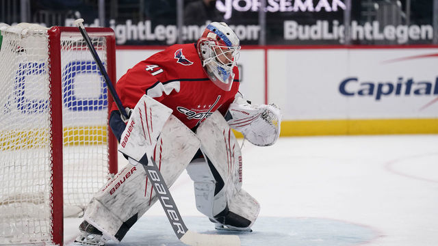 WASHINGTON, DC - APRIL 29: Vitek Vanecek #41 of the Washington Capitals tends the net against the Pittsburgh Penguins in the second period at Capital One Arena on April 29, 2021 in Washington, DC.