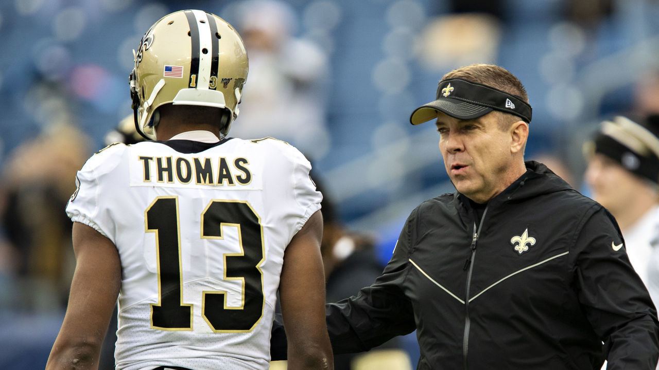 NASHVILLE, TN - DECEMBER 22: Head Coach Sean Payton and Michael Thomas #13 of the New Orleans Saints on the field before a game against the Tennessee Titans at Nissan Stadium on December 22, 2019 in Nashville, Tennessee. The Saints defeated the Titans 38-28.