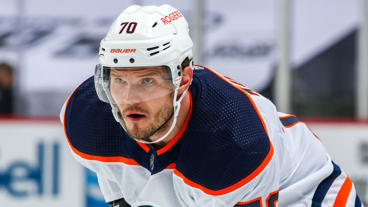 WINNIPEG, MB - MAY 23: Dmitry Kulikov #70 of the Edmonton Oilers prepares for a second period face-off against the Winnipeg Jets in Game Three of the First Round of the 2021 Stanley Cup Playoffs at Bell MTS Place on May 23, 2021 in Winnipeg, Manitoba.