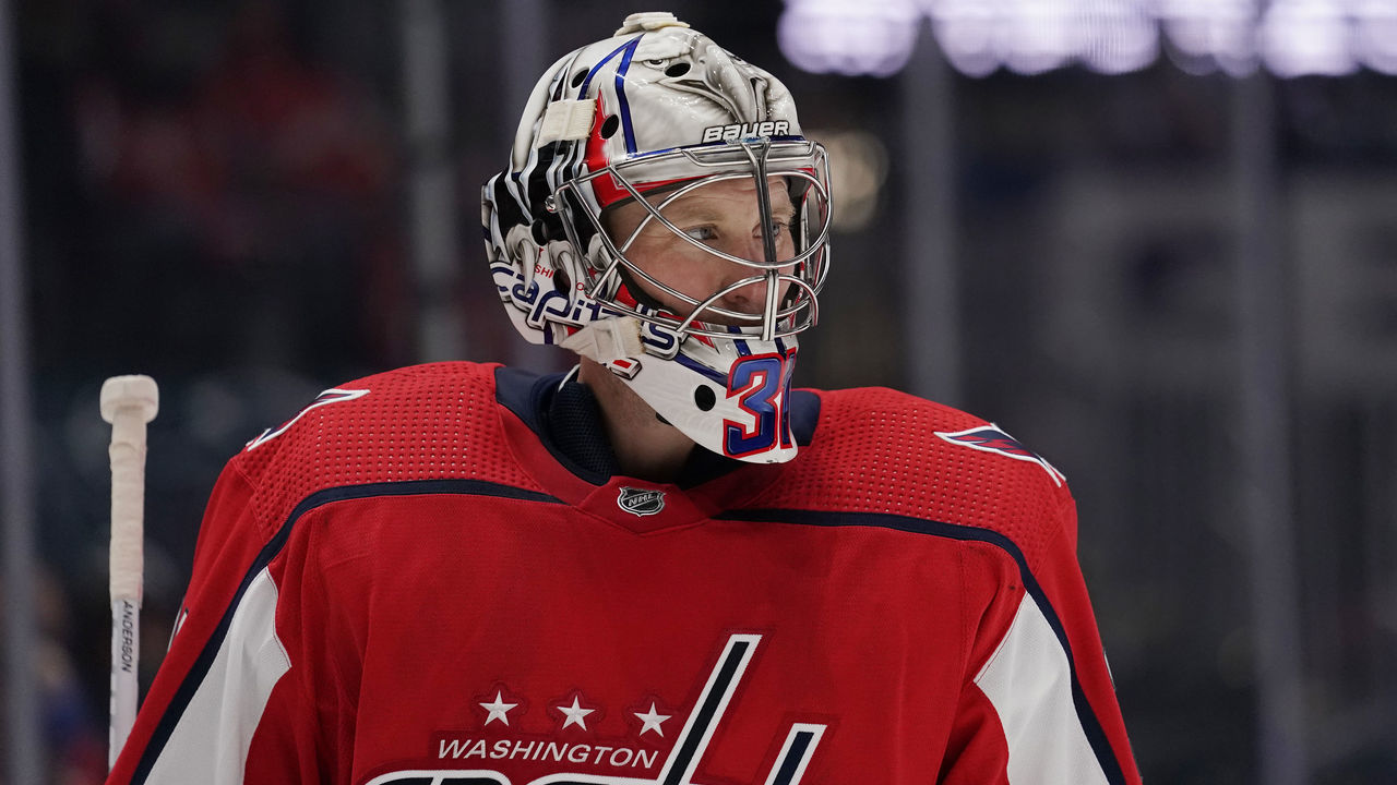 WASHINGTON, DC - MAY 17: Craig Anderson #31 of the Washington Capitals looks on against the Boston Bruins in the second period in Game Two of the First Round of the 2021 Stanley Cup Playoffs at Capital One Arena on May 17, 2021 in Washington, DC.