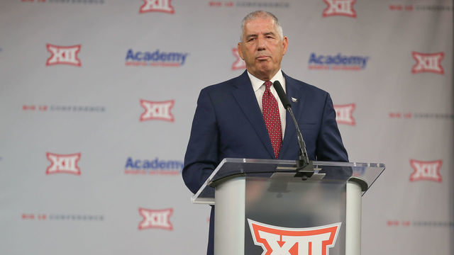 ARLINGTON, TX - JULY 14: Big 12 Commissioner Bob Bowlsby speaks to the press during the Big 12 Conference football media days on July 14, 2021 at AT&T Stadium in Arlington, TX.