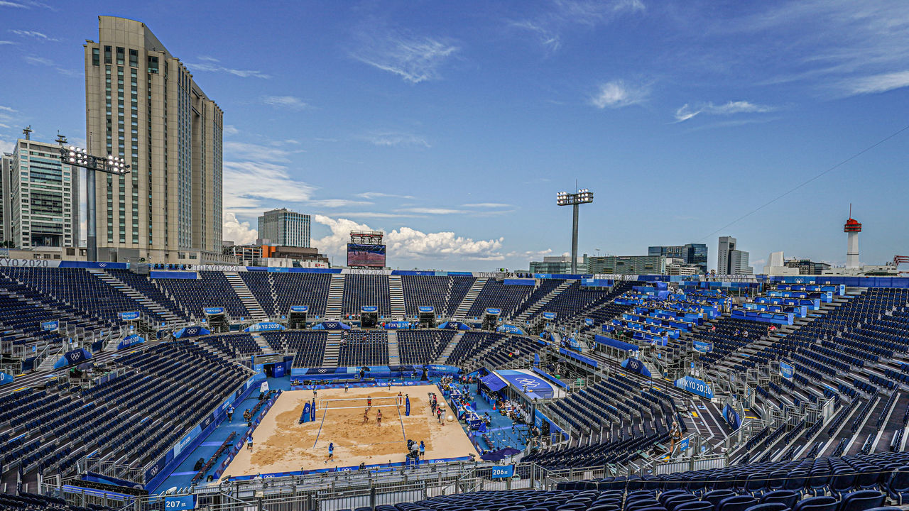 TOKYO, JAPAN - JULY 29: General overview of the stadium and the court during Women's Preliminary - Pool A during the Tokyo 2020 Olympic Games at the Shiokaze Park on July 29, 2021 in Tokyo, Japan