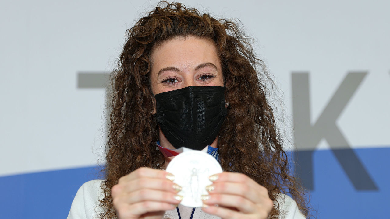 TOKYO, JAPAN - JULY 29: Allison Schmitt of Team United States poses for a photo with her Silver medal during the Team United States Swimming press confernece on day six of the Tokyo Olympic Games on July 29, 2021 in Tokyo, Japan.
