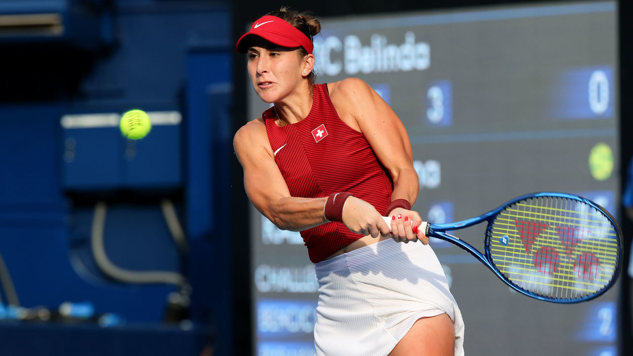 TOKYO, JAPAN - JULY 29: Belinda Bencic of Team Switzerland hits a backhand during the Women's Singles Tennis Semifinal match between Belinda Bencic of Team Switzerland and Elena Rybakina of Team Kazakhstan on Day 6 of the Tokyo 2020 Olympic Games at Ariake Tennis Centre on July 29, 2021 in Tokyo, Japan.