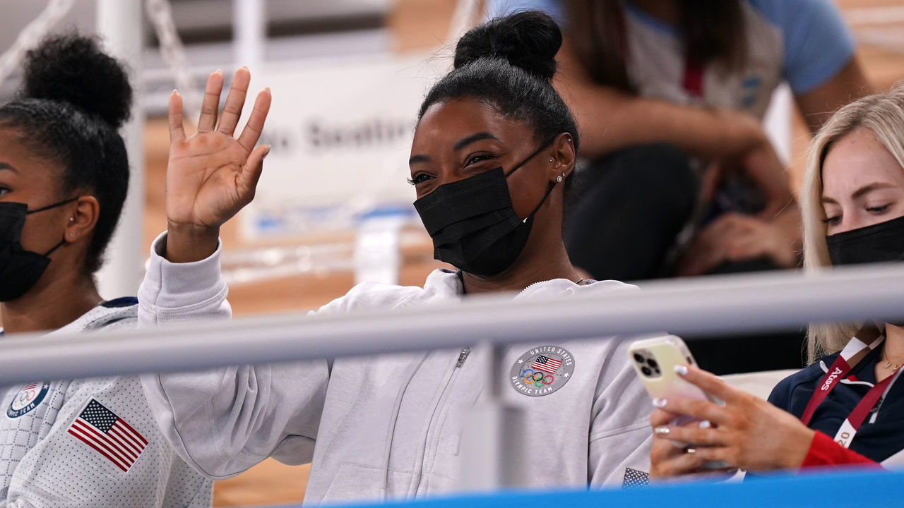 USA's Simone Biles in the stands during the Women's All-Around final at the Ariake Gymnastic Centre on the sixth day of the Tokyo 2020 Olympic Games in Japan. Picture date: Thursday July 29, 2021.
