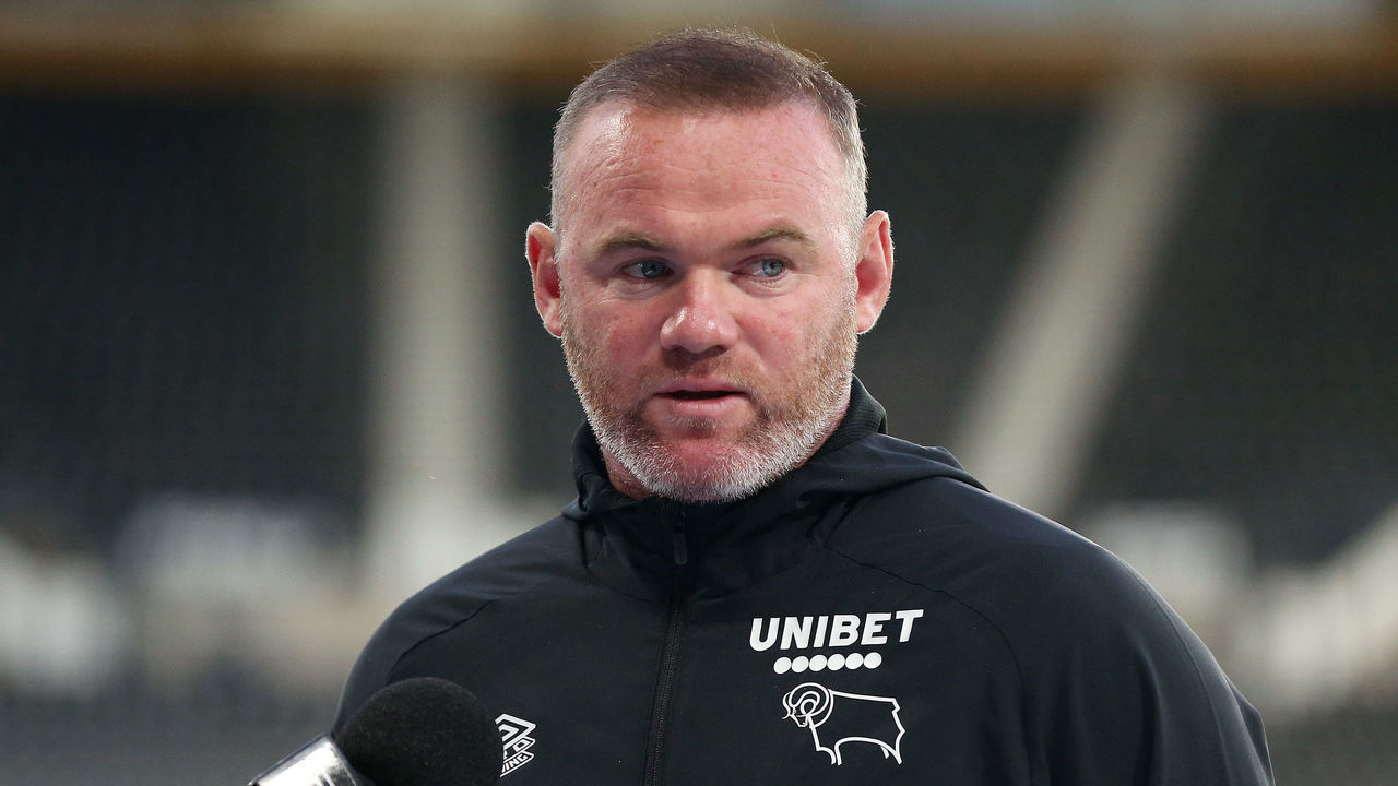 DERBY, ENGLAND - JULY 28: Wayne Rooney, Manager of Derby County is interviewed after the Pre-Season Friendly match between Derby County and Real Betis at Pride Park on July 28, 2021 in Derby, England.