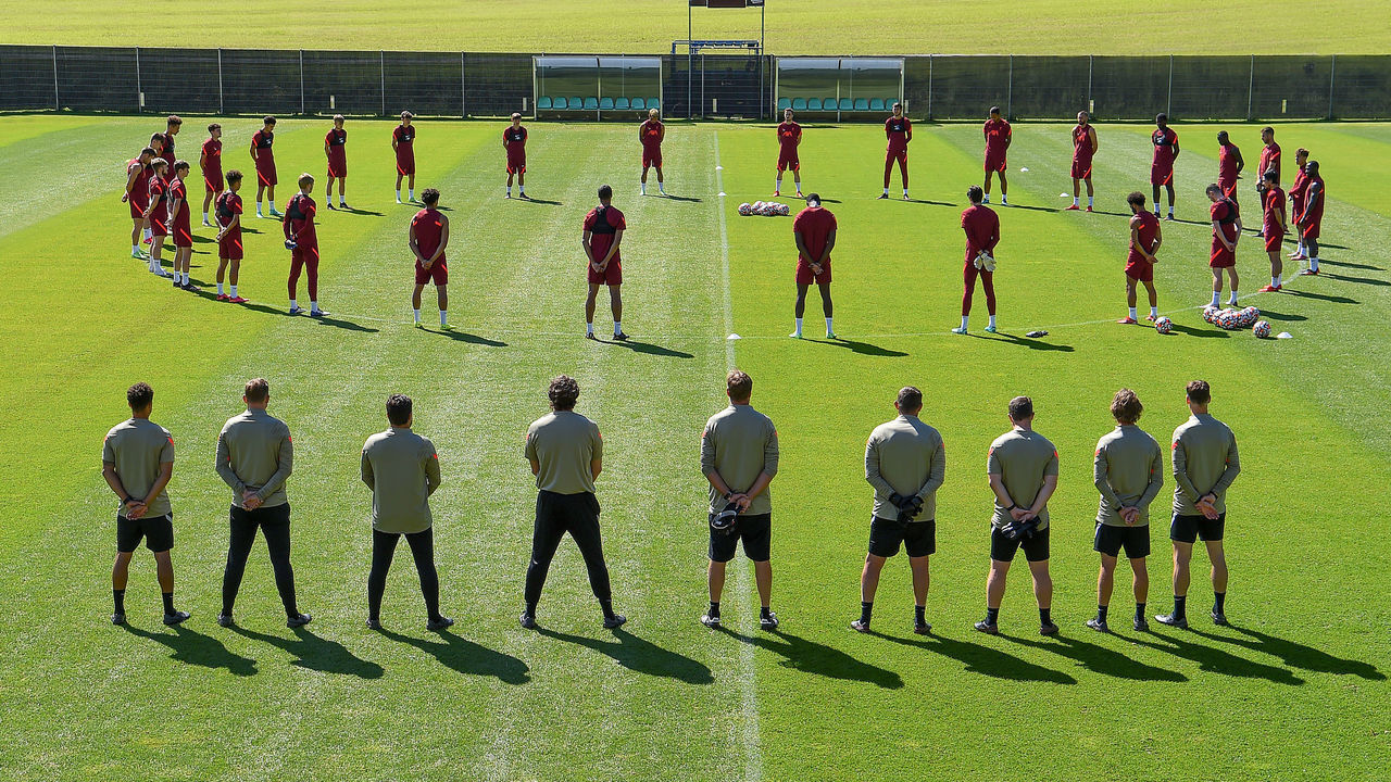UNSPECIFIED, AUSTRIA - JULY 29: FREE HAND-OUT - The Liverpool Team and Backroom Staff observed a 97 second silence for Andrew Devine the Liverpool fan who becomes the 97th fatality of the Hillsborough disaster 32 years after the tragedy before training on July 29, 2021 in UNSPECIFIED, Austria.