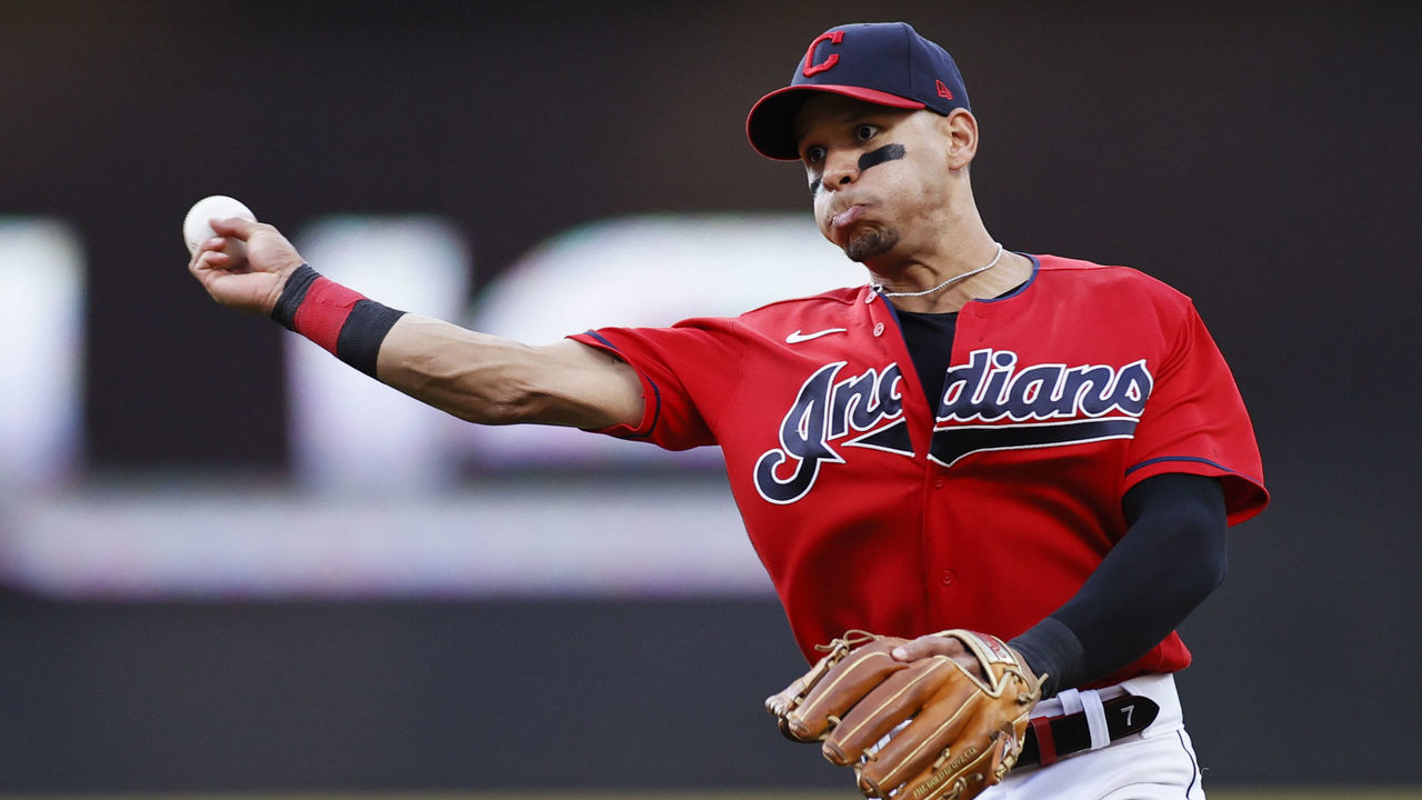 CLEVELAND, OH - JULY 09: Cesar Hernandez #7 of the Cleveland Indians throws out Michael A. Taylor #2 of the Kansas City Royals at first base during the fifth inning at Progressive Field on July 09, 2021 in Cleveland, Ohio.