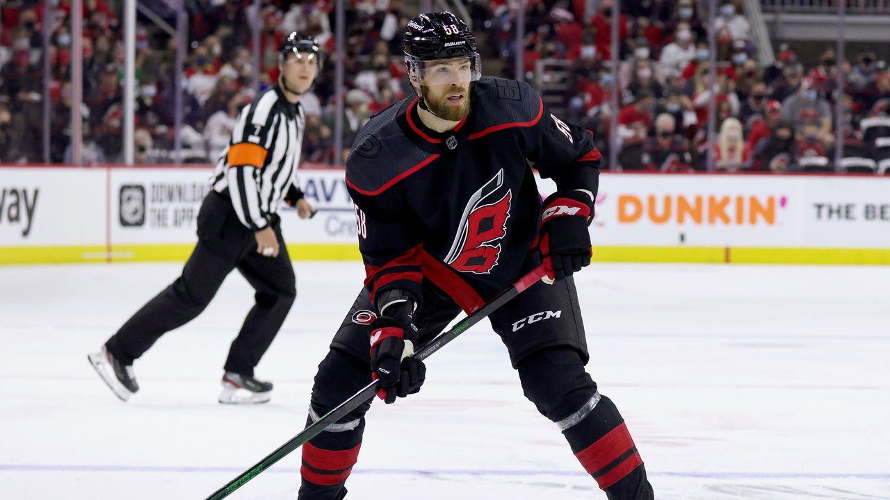 RALEIGH, NC - MAY 17: Jani Hakanpaa #74 of the Carolina Hurricanes skates near the blue line in Game One of the First Round of the 2021 Stanley Cup Playoffs against the Nashville Predators on May 17, 2021 at PNC Arena in Raleigh, North Carolina.