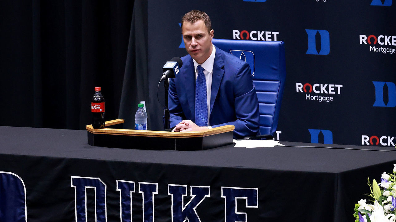 DURHAM, NORTH CAROLINA - JUNE 04: Jon Scheyer speaks after being named the 20th coach of the Duke Blue Devils during a press conference at Cameron Indoor Stadium on June 04, 2021 in Durham, North Carolina.