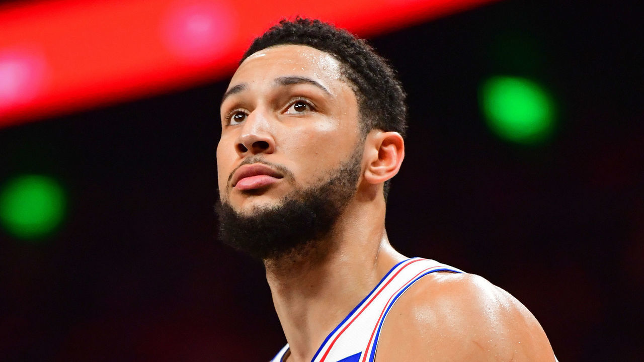 ATLANTA, GA - JUNE 18: Ben Simmons #25 of the Philadelphia 76ers looks on during the game against the Atlanta Hawks during Round 2, Game 6 of the Eastern Conference Playoffs on June 18, 2021 at State Farm Arena in Atlanta, Georgia. NOTE TO USER: User expressly acknowledges and agrees that, by downloading and/or using this Photograph, user is consenting to the terms and conditions of the Getty Images License Agreement. Mandatory Copyright Notice: Copyright 2021 NBAE