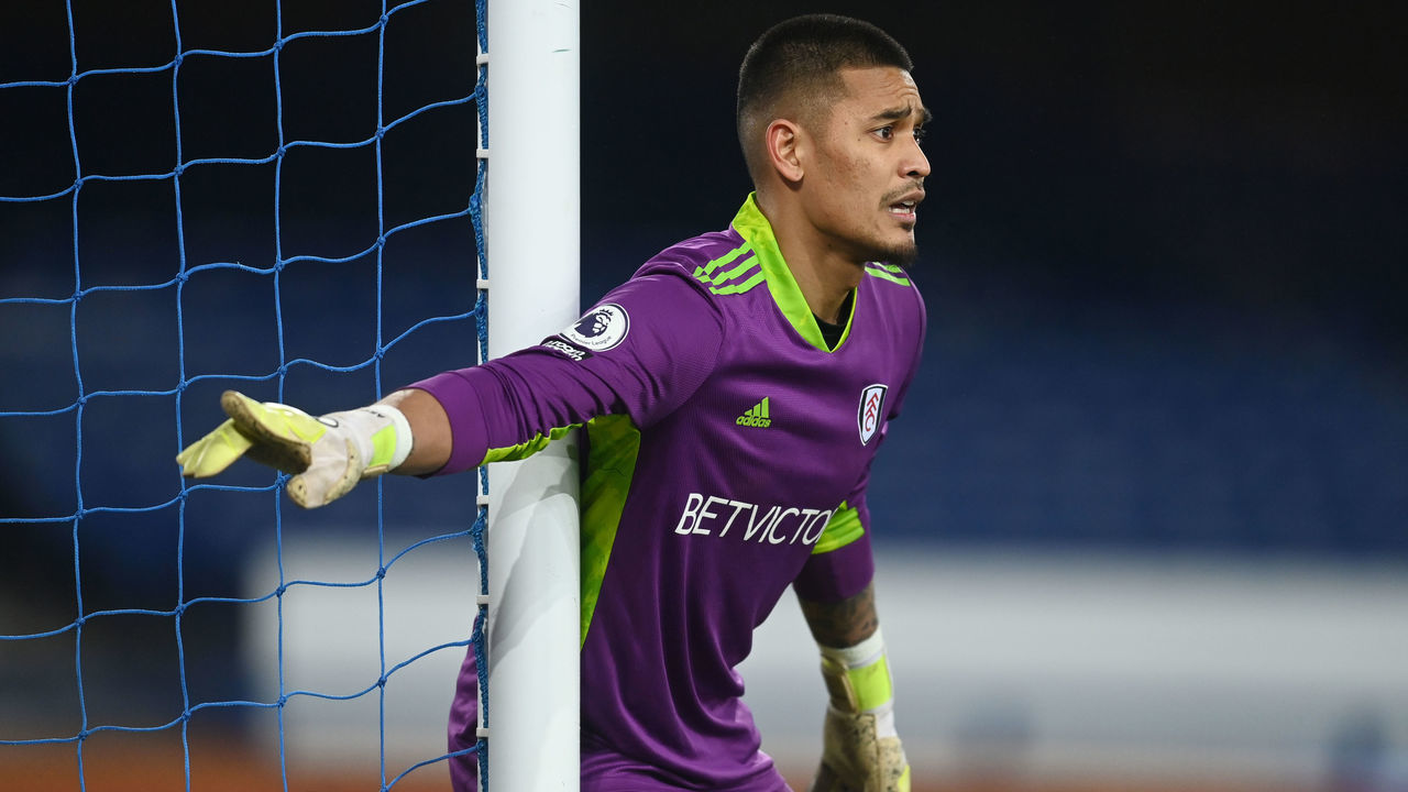 LIVERPOOL, ENGLAND - FEBRUARY 14: Alphonse Areola of Fulham in action during the Premier League match between Everton and Fulham at Goodison Park on February 14, 2021 in Liverpool, England. Sporting stadiums around the UK remain under strict restrictions due to the Coronavirus Pandemic as Government social distancing laws prohibit fans inside venues resulting in games being played behind closed doors.