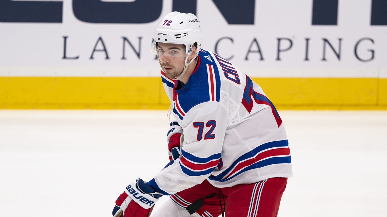 UNIONDALE, NY - APRIL 09: New York Rangers Center Filip Chytil (72) warms up prior to the National Hockey League game between the New York Rangers and the New York Islanders on April 9, 2021, at the Nassau Veterans Coliseum in Uniondale, NY.