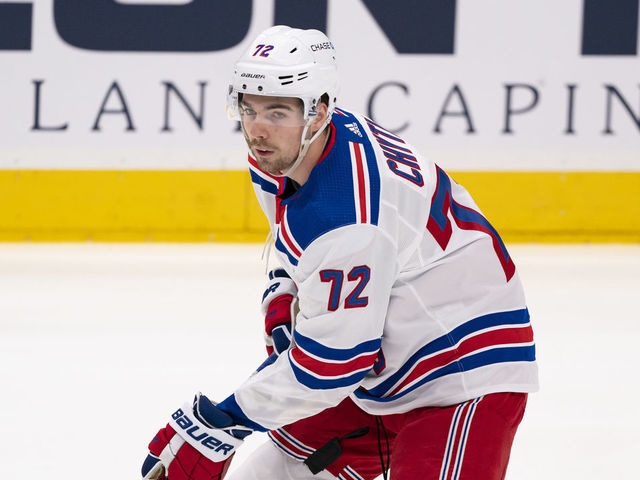 UNIONDALE, NY - APRIL 09: New York Rangers Center Filip Chytil (72) warms up prior to the National Hockey League game between the New York Rangers and the New York Islanders on April 9, 2021, at the Nassau Veterans Coliseum in Uniondale, NY.