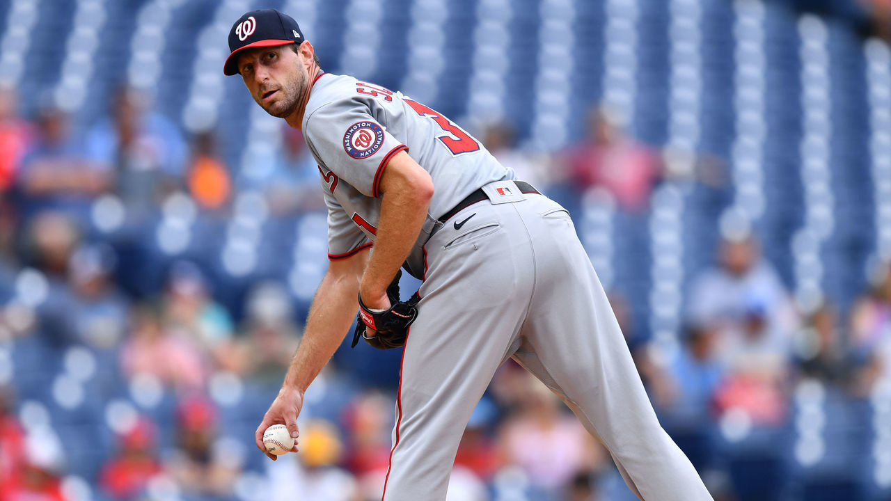 PHILADELPHIA, PA - JULY 29: Washington Nationals starting pitcher Max Scherzer (31) checks a runner in the first inning during the first doubleheader game between the Washington Nationals and Philadelphia Phillies on July 29, 2021 at Citizens Bank Park in Philadelphia, PA.