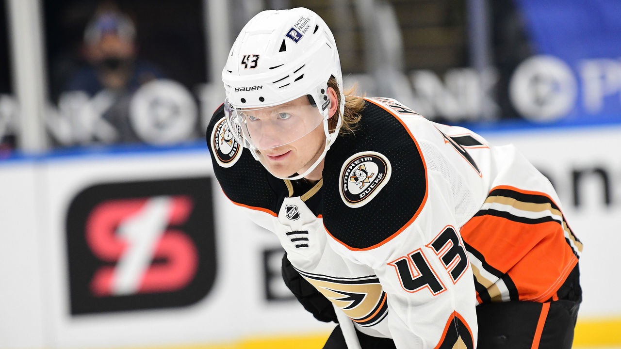 ST. LOUIS, MO - MAY 05: Anaheim Ducks forward Danton Heinen (43) during a NHL game between the Anaheim Ducks and the St. Louis Blues on May 05, 2021, at Enterprise Center, St. Louis, Mo. ,