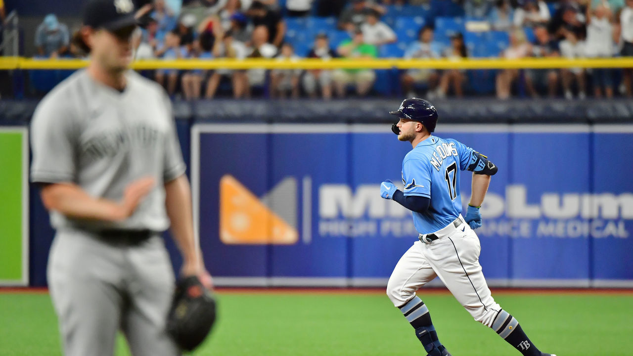 ST PETERSBURG, FLORIDA - JULY 29: Austin Meadows #17 of the Tampa Bay Rays runs the bases after hitting a 3-run home run off of Gerrit Cole #45 of the New York Yankees in the first inning at Tropicana Field on July 29, 2021 in St Petersburg, Florida.
