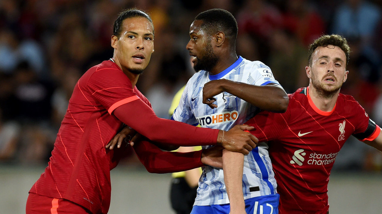 INNSBRUCK, AUSTRIA - JULY 29: (THE SUN OUT, THE SUN ON SUNDAY OUT) Virgil van Dijk of Liverpool with Diogo Jota of Liverpool during the Pre Season match between Hertha BSC and Liverpool at Tivoli Stadion Tirol on July 29, 2021 in Innsbruck, Austria.