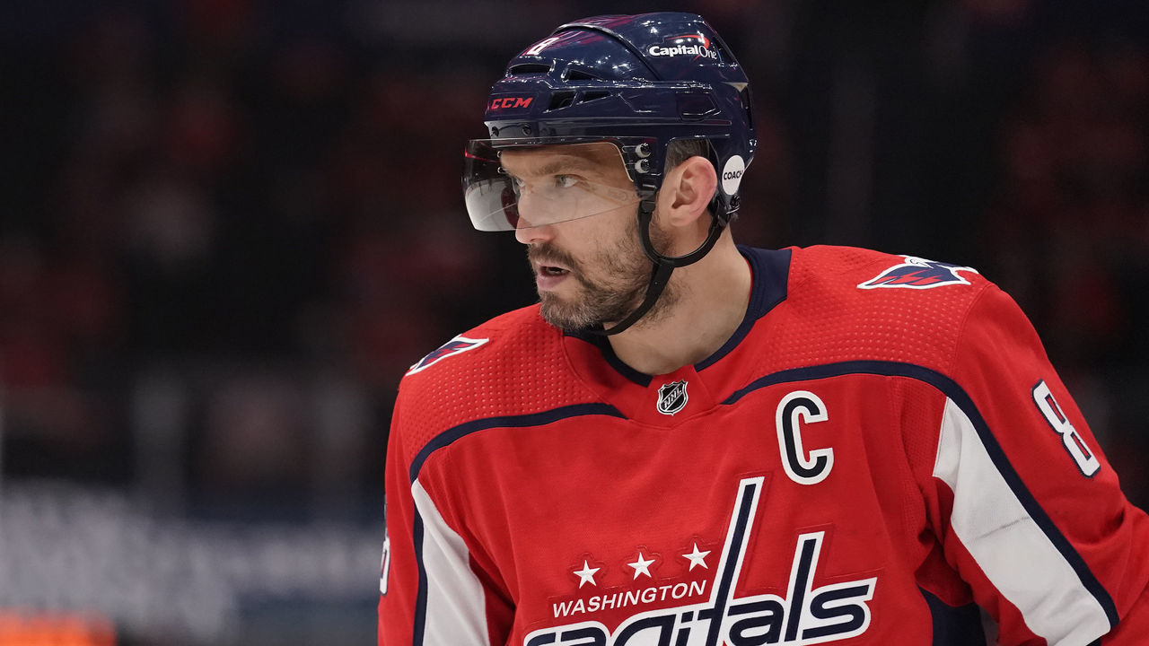 WASHINGTON, DC - MAY 23: Alex Ovechkin #8 of the Washington Capitals looks on against the Boston Bruins in the first period in Game Five of the First Round of the 2021 Stanley Cup Playoffs at Capital One Arena on May 23, 2021 in Washington, DC.
