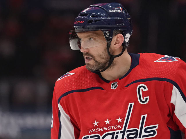 WASHINGTON, DC - MAY 23: Alex Ovechkin #8 of the Washington Capitals looks on against the Boston Bruins in the first period in Game Five of the First Round of the 2021 Stanley Cup Playoffs at Capital One Arena on May 23, 2021 in Washington, DC.